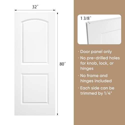 Image of BARNSMITH 32x80 in Raised 2-Panel Arch Top White Primed Interior Door Panel | Smooth Classic Paintable Hollow Core Interior Door Slab, for Swing, Pocket, Sliding Door, Durable and Lightweight