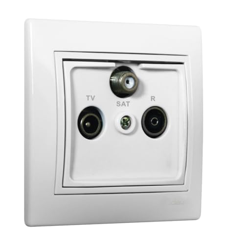 Toma final para TV-SAT-RADIO blanca, serie Europa, ideal para conexiones en instalaciones audiovisuales y distribución de señales.