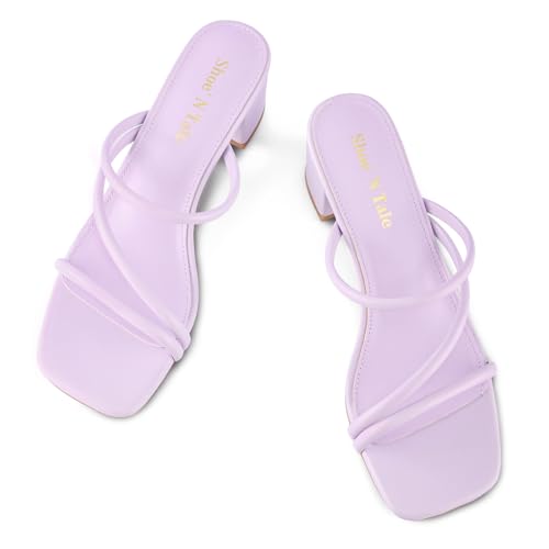 Image of Shoe'N Tale Strappy Heels For Women Low Chunky Block Heel Heeled Sandals Square Open Toe Slip On Slides Mules