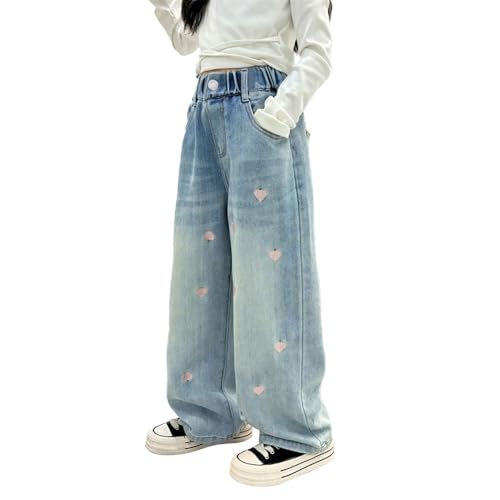 Girls' High Waist Wide Leg Jeans, Loose Denim Pants with Heart Embroidery - 4 Pockets Fashion Trousers for Girls2