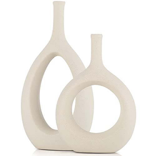 Off White Ceramic Hollow Elliptical Vase Set of 2 -