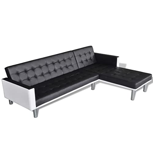 QJBSAVVA Canapé-lit en forme de L avec fonction sommeil, canapé d'angle en cuir synthétique noir, design moderne, lit d'appoint pour salon, cadre en bois...