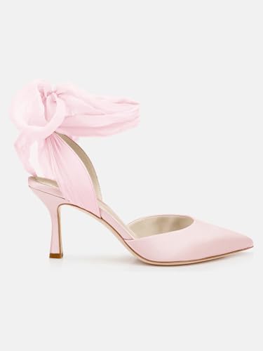 Image of Womens Lace up Satin Heels Bow Pointed Closed Toe Bridal Dress Shoes Low Heel Wedding Elegant Pumps