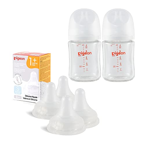 Image of Pigeon Glass Baby Bottle(5.4 Oz, Pack of 2) with 4 Latch-On Line Silicone Nipples, Newborn Feeding Set(0~3M)
