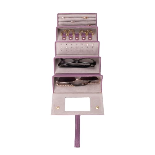 Image of Brouk & Co Leah 5 Eyewear & Jewelry Case - Pebbled Vegan Leather, Foldable Case, Snap Closure, Hanging Loop, Interior Mirror, 5 Compartments: Sunglasses and Jewelry (Purple)