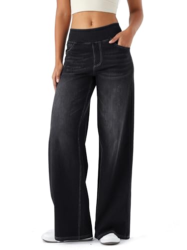 LaiEr Damen Denim Hose mit weitem Bein, hohe Taille, gerades Bein, lockere Passform, Unregelmäßiger handgeriebener Katzenschnurrhaarverlauf hohe Elastizität Casual Jeans(Dark GreyL)