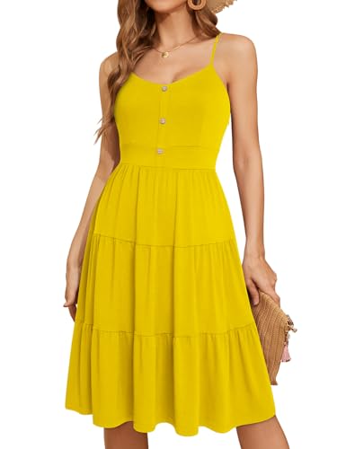 Image of YATHON Sundresses for Women Casual Summer Beach Sleeveless Spaghetti Strap Dress Button Down Ruffle Flowy Pleated Dresses