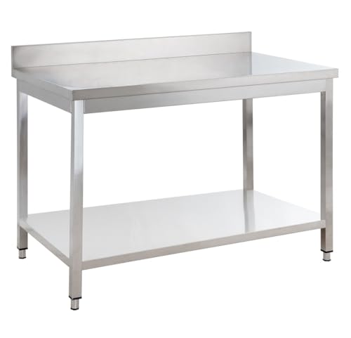 GastroHero Table de travail Basic 14x6 en inox avec étagère inférieure et dosseret | CHR Fournitures de la restauration