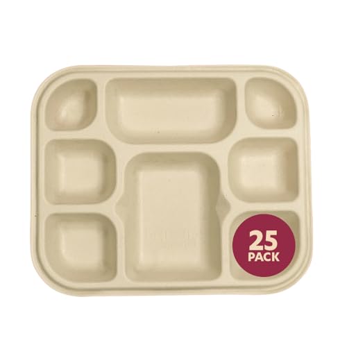 CHUK 8 Compartment Compostable Meal Trays, 12.5 x 10 Inch Heavy Duty Bagasse Sectional Plates (25 Pack), PFAS Free Microwave Safe Disposable Thali Tray for Portion Control, Catering, Tastings & Events