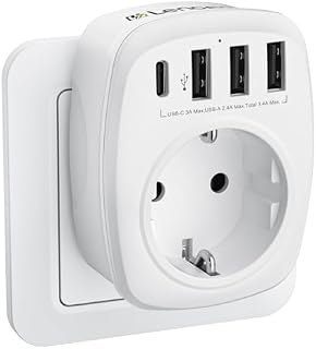 LENCENT Wtyczki Thief, ładowarka ścienna USB z 1 gniazdkiem sieciowym (2-stykowe europejskie Schuko) + 1 port typu C + 3 porty USB, adapter wtyczki USB do tabletu smartfona [4000 W]
