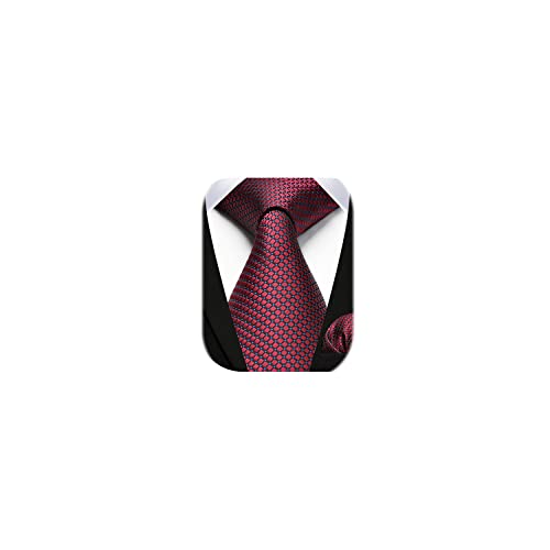 HISDERN Corbata a cuadros para hombre con pañuelo tejido Clásico para hombre Corbata color burdeos y conjunto de pañuelo de bolsillo Cover