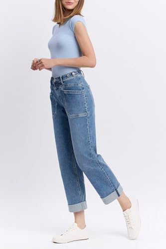 Vervet Denim - High Rise Tab Waistband Cuffed Slim Wide Jeans - T67003