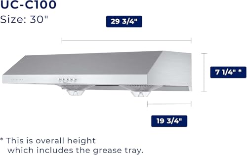 Image of Hauslane Range Hood 30 inch Under Cabinet | Vent Hood | Stainless Steel Quiet Hood Range Stove | 3 Speed Slim Kitchen Range Hood| Energy LED Lamps | Fits 6 Inch Round Ducts, C100