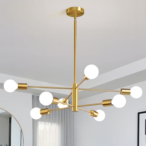 KAISITE Lampadario moderno Sputnik Lampadario a 8 luci in oro lampadario da sala da pranzo Luce sopra il tavolo Regolabile in altezza Lampadario da soffitto di metà secolo per camera da letto, cucina