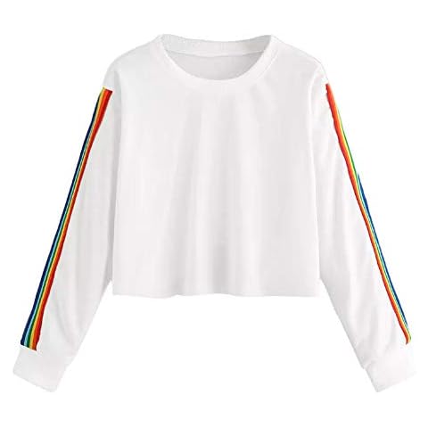Whycat Rainbow Stripe Cropped Tops Sweatshirt Women Colourful Striped Pullover Long Sleeve Crew Neck T Shirt Cute Girl School Casual Lightweight Jumper Blouse (White, 12) Cover