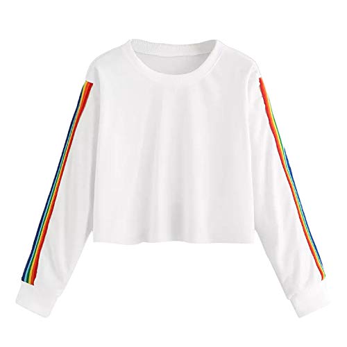 Mujer Casual Sudaderas Rayas Arcoiris Cortas Adolescentes Chicas Manga Larga Tumblr Patchwork Sudadera con Cuello Redondo Casual Tops Blusas Camiseta riou
