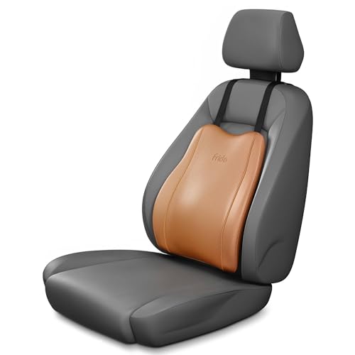 Image of Frido Premium Car Back Rest Cushion with Lumbar Support Pillow for Driving, Hi-Per Memory Foam Back Support and Luxe Leatherette Cover, Relieves Back Pain and Improves Posture for Long Drives | Tan