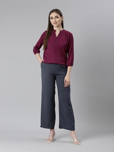Image of GO COLORS Poly Spandex Crepe Wide Pants Full Length for Women| Lightweight, Mid Rise, Side Pockets