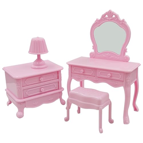 Kids Dollhouse Furniture Mini Makeup Set Table and Chair Girl Toy Pink Miniature Doll House Accessories Pretend Play Toys Dress Up Playset Gift for...
