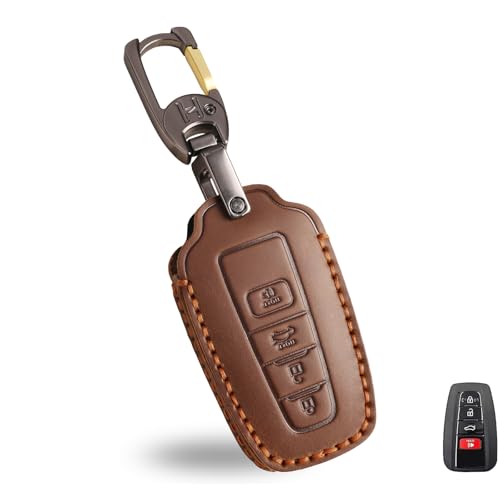 OLLEN Genuine Leather Key Fob Cover, Fit for Toyota 2018-2025, Fit for RAV4 Camry Corolla Avalon C-HR Prius GT86 Highlander, Leather Smart Remote Key Protector (B Style, Brown) by OLLEN - Used condition - US$17.09