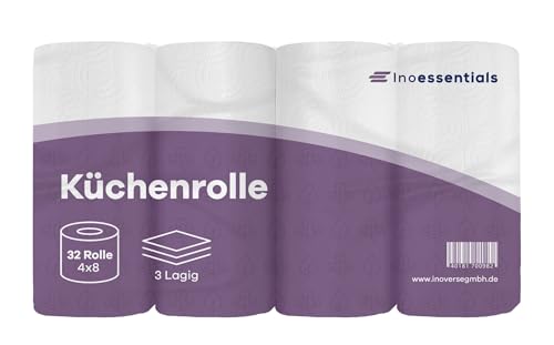 Inoverse Rollos de cocina de 3 capas, 4 rollos (1 paquete) – 50 hojas por rollo, papel de cocina 100% de celulosa, extra absorbente y resistente a desgarros, rollos domésticos