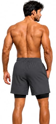 Image of Men's 2-in-1 Dual Layer Workout Shorts with Compression Liner, Phone Pocket, Quick-Dry Athletic Running Shorts for Gym, Training, Sports & Fitness
