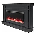 Novogratz Waverly 64 Inch Electric Fireplace with Mantel, Replaceable Fireplace Insert Heater, Remote Control, Timer, Color Changing Crystal Ember Flames, For Living Room or Bedroom, Black