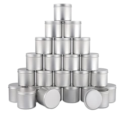 OBKJJ 24 Pack Round Cans with Screw Lid 10 Oz Aluminum Metal Tins DIY Food Candle Containers for Lotion Bars, Balms, Salve, Spices, Beard Balm, Crafts with 4 Markers 3 Sheets Label Stickers 1(Silver)
