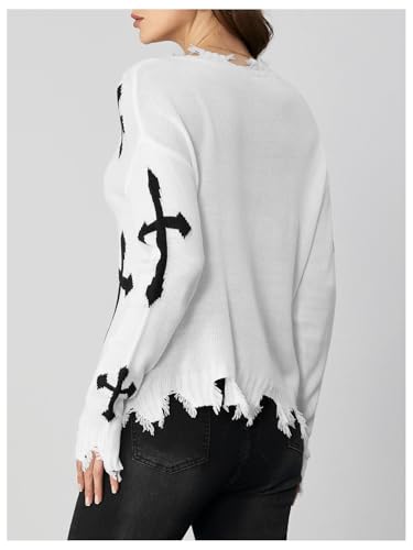 Image of BEAUDRM Women's Graphic Sweaters V Neck Long Sleeve Distressed Sweaters Raw Hem Knitted Pullover Top White Medium