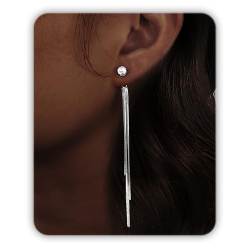 Dangle Earrings for Women, Dainty Long Drop Dangling Dangly Gold Threader Chain Earrings for Women Trendy, Silver Dangle Earrings with Cubic Zirconia as Wedding Prom Formal Jewelry