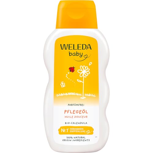 Bild von WELEDA Bio Baby Calendula Pflegeöl parfümfrei - veganes Naturkosmetik Babyöl mit Sesamöl zur Pflege & Massage von Babys. Körperöl zum Schutz vor Hautreizungen, Wundwerden & trockener Haut (1x200ml)