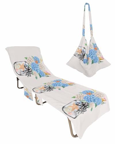 Floral Bottle Beach Chair Towel Covers for Chaise Lounge with Side Pocket, Soft Plush Pool Towels Cover for Patio Sunbathing Outdoor 29''x85'' Blue Grey Coastal Starfish Eucalyptus Plaid Farmhouse
