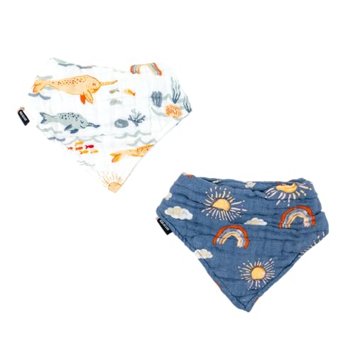 BEBE AU LAIT - Baby Cotton Bandana Bib Set. 100% Cotton Toddler Bandana Bibs. For Boys, Girls, Babies, Infants, Toddlers (Narwhal + Hello Sunshine)