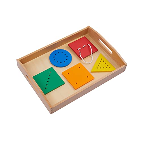 Image of Adena Montessori Toys Threading Game Colorful Lacing Wooden Shapes with Tray for 1 2 3 Years Old Baby