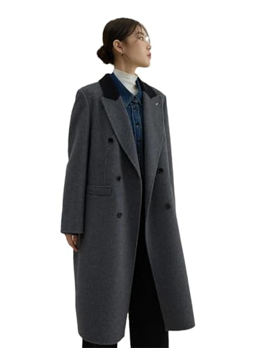 Women's Wool Dark Gray Double-Breasted Long Woolen Coat Stand Collar