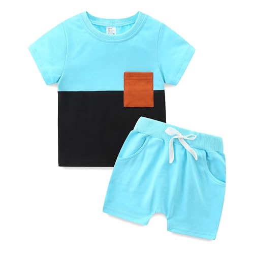 KIDDLETOWN Baby Boy Clothes Summer Short Sleeve T shirt Top and Elastic Waist Shorts 2 Piece Tracksuit Sets Color Block T Shirt Shorts with Pocket for Boys 3-24 Months