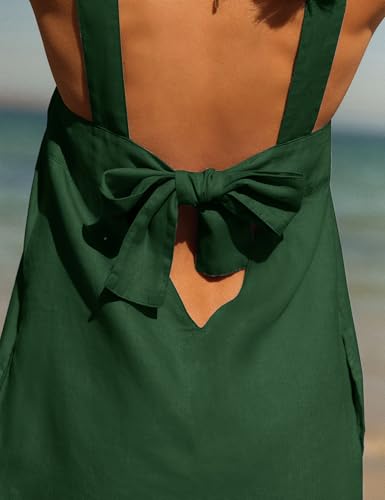 Image of Lumister Womens Lightweight Cotton Linen Dress Sleeveless Crew Neck Back Bow Summer Mini Dresses with Pocket Green
