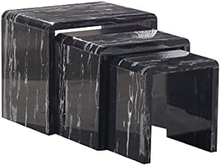 Furniture Express Nest of Tables Set of 3 Nesting Tables Marble Effect High Gloss Stackable End Table Coffee Table for Living Room Lounge Office (Black)