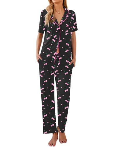 Image of Ekouaer Womens Pajamas Set Short Sleeve Button Down Top & Pants Lounge Pjs | Soft Sleepwear with long pants, ideal for Home relaxation, Wedding, Party, Daily Wear & Breastfeeding