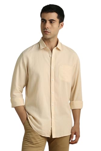 Image of Peter England Men's Solid Linen Blend Shirt Slim Fit| Casual Wear | Full Sleeves