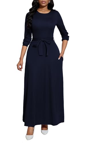 Image of BubFee Long Dress for Women Casual Long Sleeve Dresses Maxi Dress Empire Waist Loose with Belt