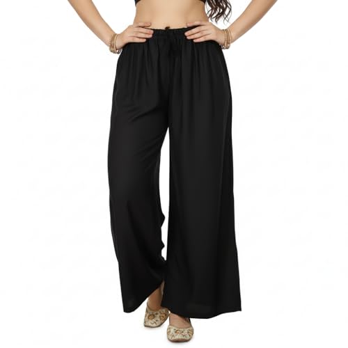 Image of Women's Rayon Palazzo Pants | Solid Color Wide Leg Trousers in 18 Shades | Elastic Waist Casual Bottoms XS-7XL | Comfortable