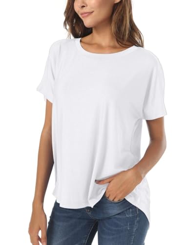 Herou Casual Short Sleeve Basic Oversized Tshirt for Women Oversized Crew Neck Loose Fit Tee White L