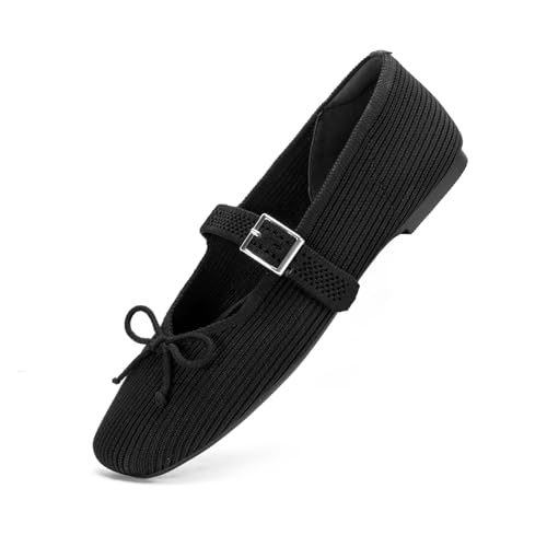 Women's Square Toe Flats Bowknot Mary Jane Ballet Flats Knit Flat Shoes for Women with Adjustable Straps Comfortable Office