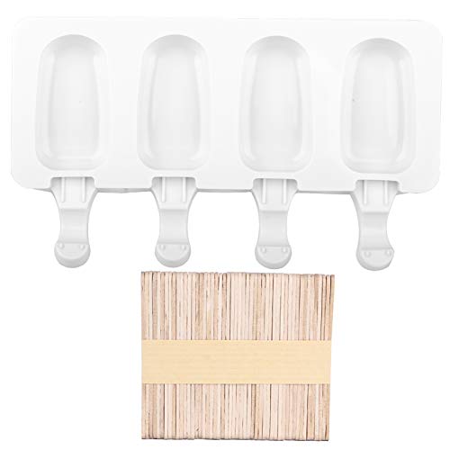 4-grid Popsicle Molds, 8.5in Silicone Ice Cream Mold Oval Ice Pop Molds with 50 Sticks for Diy Making Ice-lolly, Ice Cubes, Ice Cream