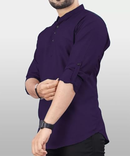 Image of DEEMOON Men's Regular Fit Solid Sprad Collar Casual Shirt with a Trendy Mandarin Collar Crafted from a Premium Cotton Blend