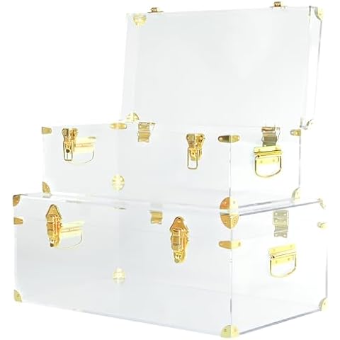 Vixdonos Acrylic Storage Chest Decorative Trunk Set of 2 Large Box College Dorm Organizer with Hardware Hasps and Handle for Home Deocr,23.7X14.2X9.5 Inches,Clear Cover