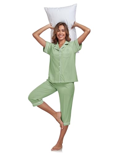Image of COLORFULLEAF 100% Cotton Capri Pajama for Women Set Summer Short Sleeve Pj Sets for Women Cotton Sleepwear