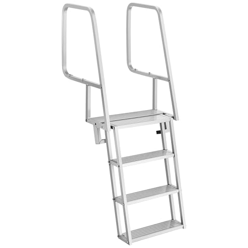Image of VEVOR Flip-Up Dock Ladder, 4-Step, Heavy-Duty Aluminum Alloy Pontoon Boat Swim Ladder, with Non-Slip Wide Steps, 350 lbs Weight Capacity, Pull Rope Assist, Comfort Use for Lake Pool Marine Boarding