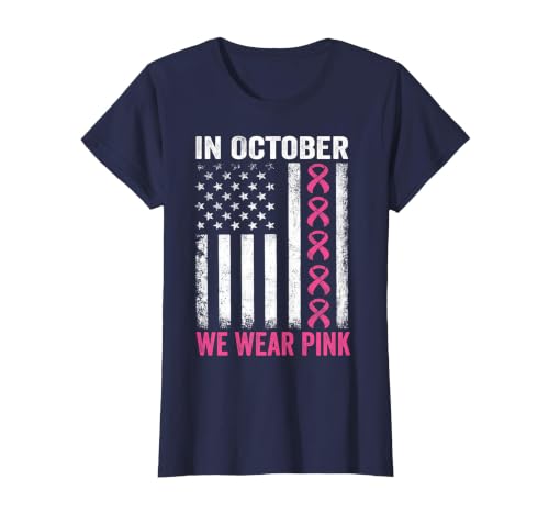 in October we Wear Pink Us Flag Breast Cancer Awareness T-Shirt, Women, Navy Blue, 3X-Large
